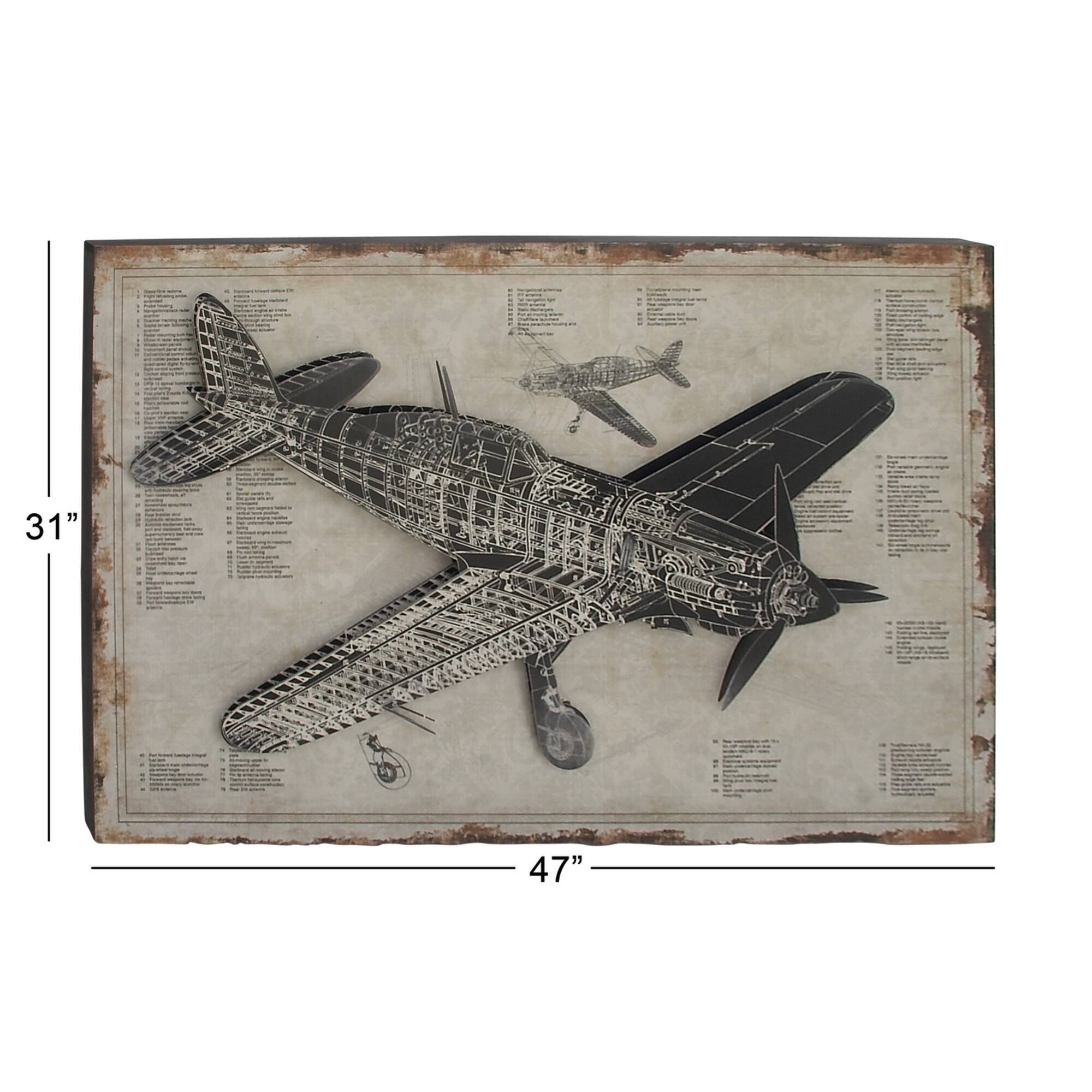 47" White Wood Industrial Plane Blueprint Wall Décor